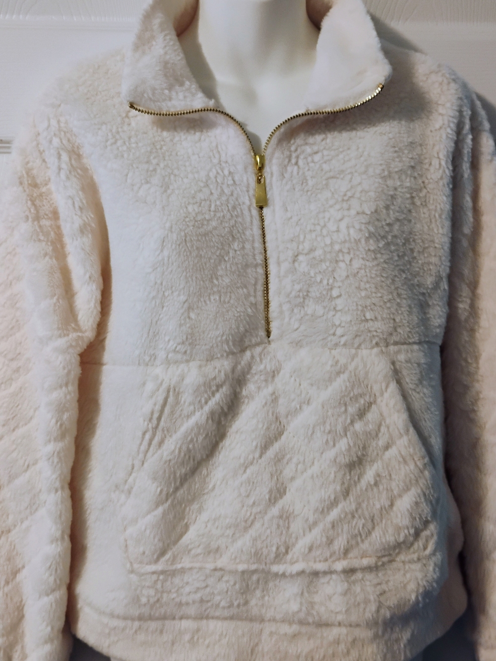 Plush Cream Teddy Half-Zip Pullover Jacket with Gold Zipper